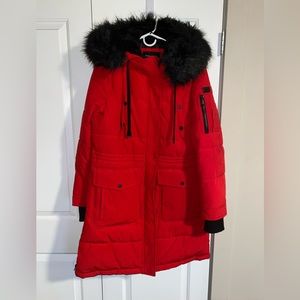 BCBGMaxAzria Womens Long Red Winter Parka With Black Faux Fur